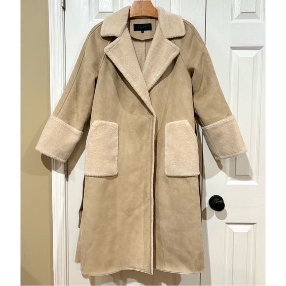 Tahari Sz 10/12 Faux Suede Long Trench Coat, Cream Fur Trim women’s large - Picture 2 of 16